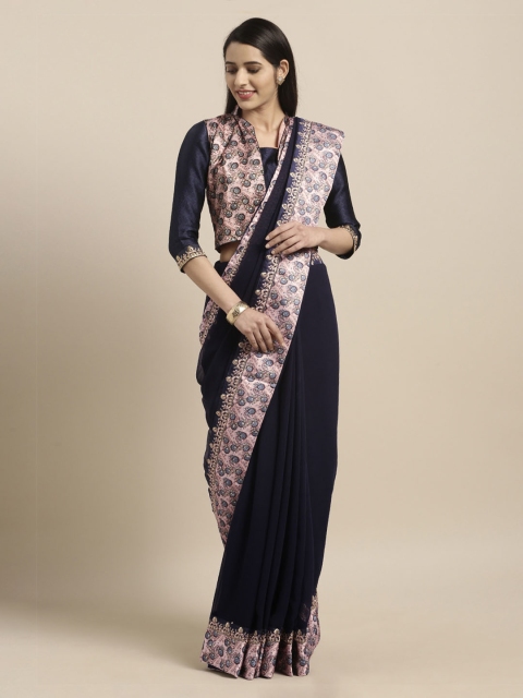 

Mitera Navy Blue & Peach-Coloured Poly Chiffon Solid Saree