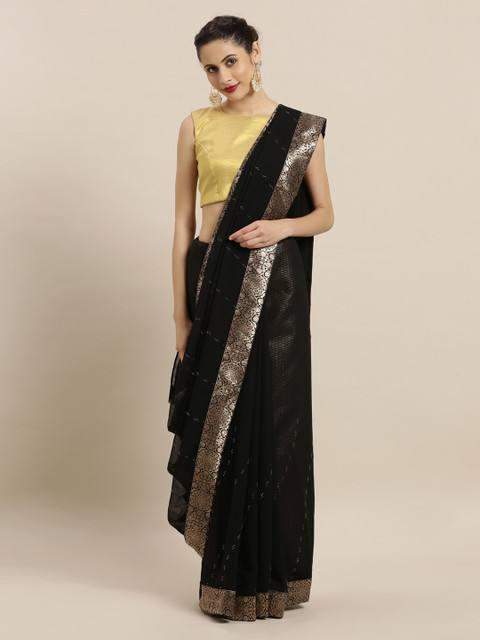 

Mitera Black & Gold-Toned Poly Chiffon Embellished Saree