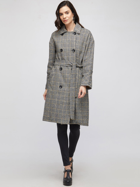 

bebe Women Grey & Black Checked Double Breasted Pure Cotton Trench Coat