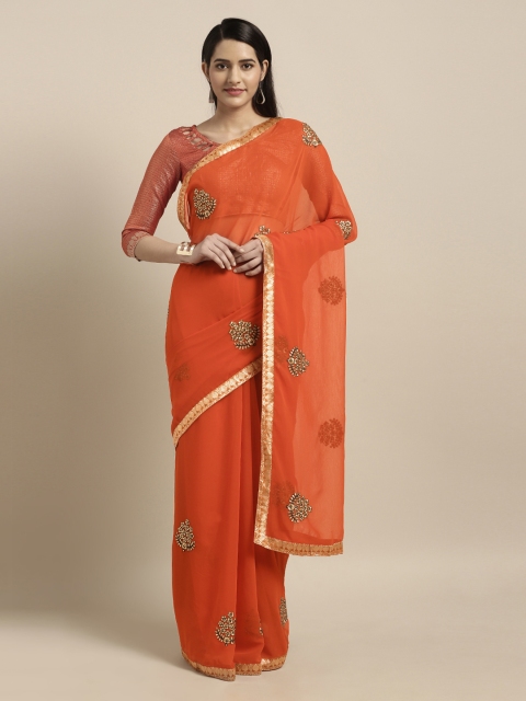 

Mitera Orange Embroidered Poly Chiffon Saree