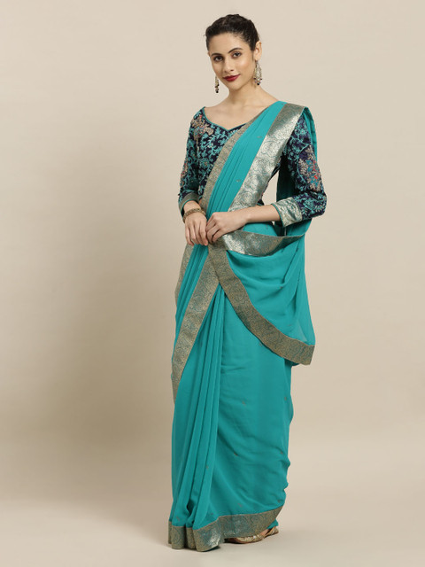 

Mitera Blue & Gold-Coloured Poly Chiffon Embellished Saree