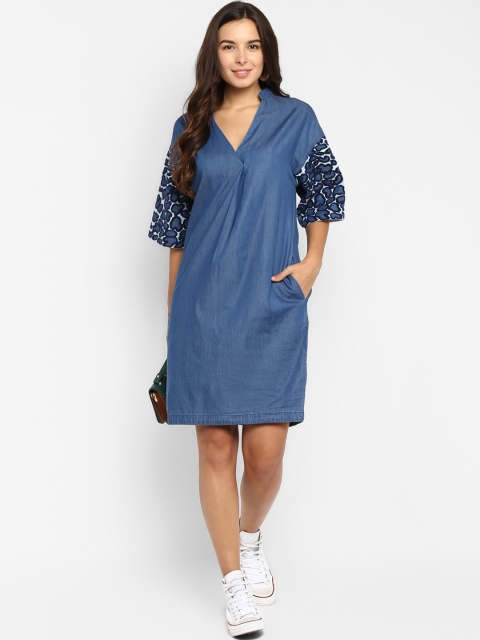 

FOSH Women Blue Printed Denim Sheath Dress