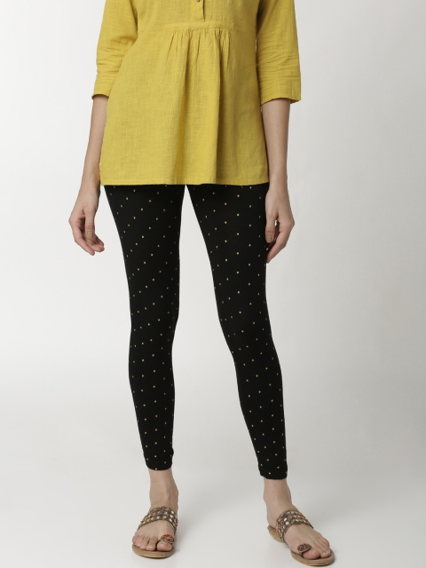 

De Moza Women Black & Gold-Toned Polka-Dots Printed Ankle-Length Skinny-Fit Leggings