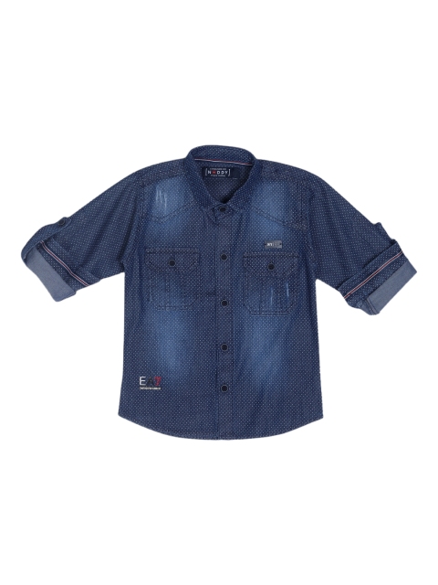 

Noddy Boys Blue Regular Fit Printed Denim Casual Shirt
