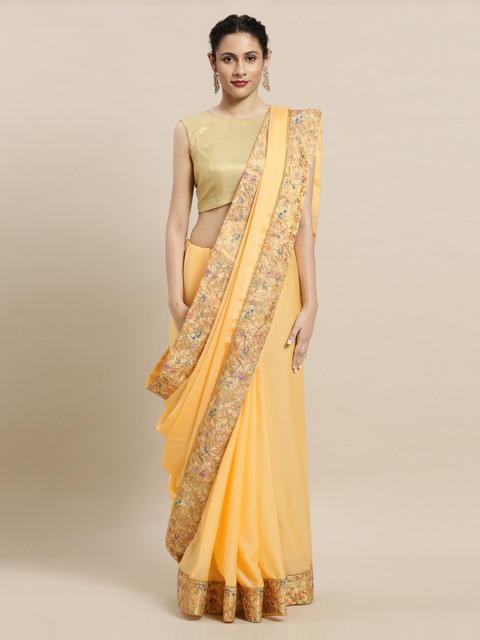 

Mitera Yellow & Beige Poly Georgette Embellished Saree