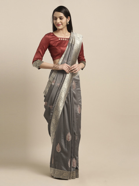 

Mitera Grey & Gold-Toned Poly Silk Woven Design Saree