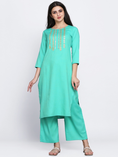 

Adizya Women Sea Green Gotta Patti Embroidered Kurta with Palazzos