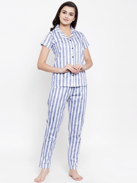 

Claura Women White & Blue Striped Night suit