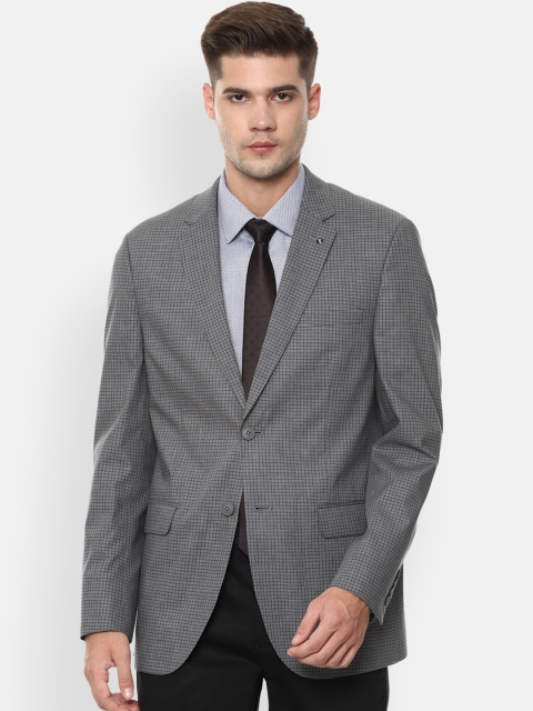 

Van Heusen Men Grey Checked Slim-Fit Single-Breasted Pure Cotton Pure Cotton Blazer