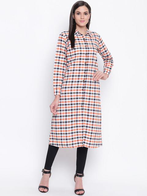 

FABNEST Women Orange & White Checked A-Line Kurta