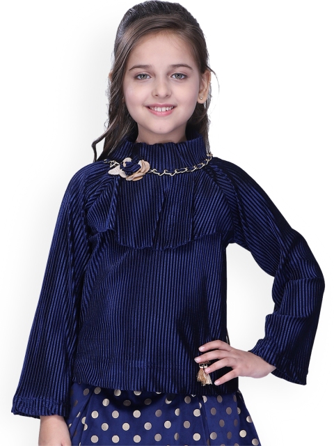 

CUTECUMBER Girls Navy Blue Self Design Top with Ruffle Detail