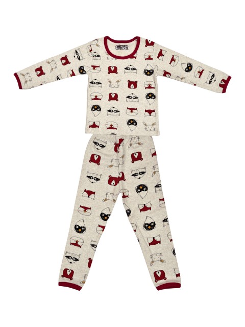 

Kiwi Unisex Cream-Coloured & Maroon Printed Night Suit