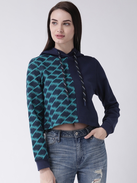 

Leo Sansini Women Navy Blue & Turquoise Blue Printed Hooded Crop Pullover Sweatshirt