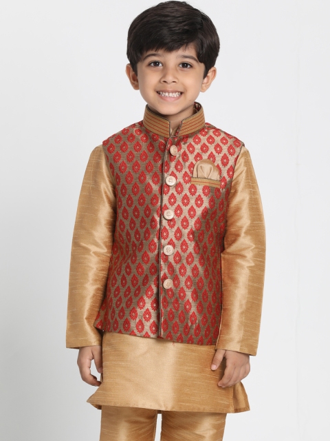 

VASTRAMAY Boys Maroon & Gold-Toned Zari Woven Design Nehru Jacket