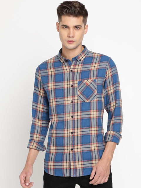 

TED HARBOR Men Blue & Beige Slim Fit Checked Casual Shirt