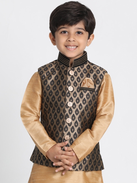 

VASTRAMAY Boys Black & Gold-Toned Woven Design Nehru Jacket