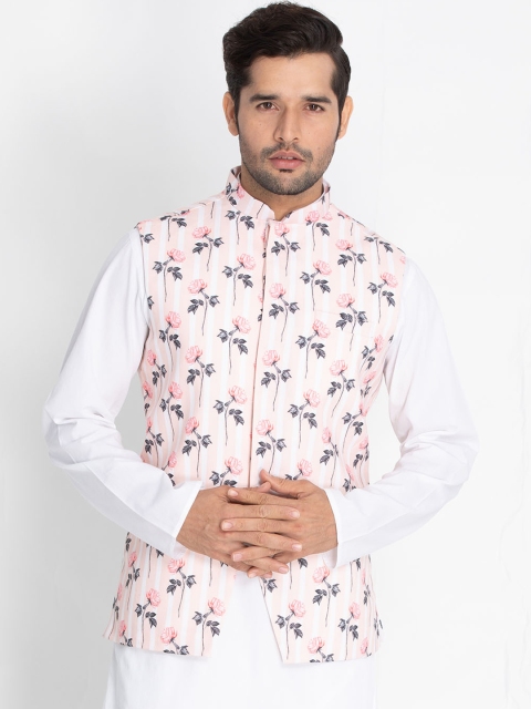 

VASTRAMAY Men Pink & Grey Floral Printed Nehru Jacket