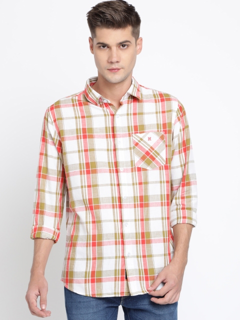 

TED HARBOR Men Cream-Coloured & Orange Slim Fit Checked Casual Shirt