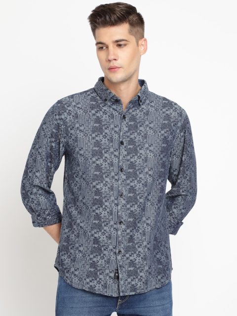 

TED HARBOR Men Blue & Grey Jacquard Slim Fit Printed Jacquard Casual Shirt