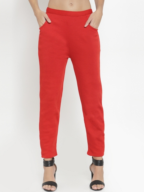 

Clora Creation Women Red Regular Fit Solid Woollen Cropped Cigarette Trousers