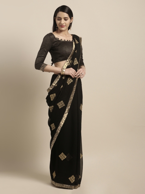 

Mitera Black & Gold-Toned Poly Chiffon Embroidered Saree