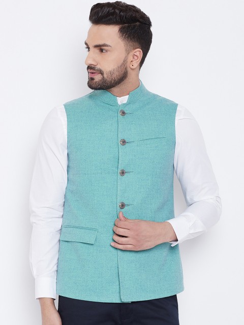 

Spirit Men Turquoise Blue Solid Pure Wool Nehru Jacket