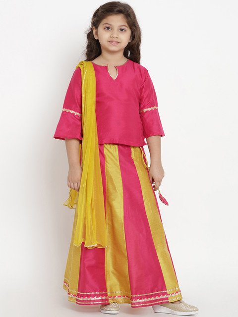 

Bitiya by Bhama Girls Fuchsia & Mustard Solid Ready to Wear Lehenga & Blouse with Dupatta