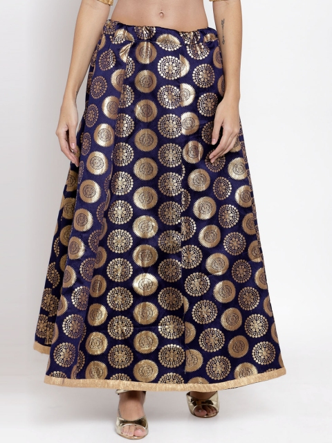 

Clora Creation Women Navy Blue & Gold Printed Banarasi Silk Flared Maxi Skirt