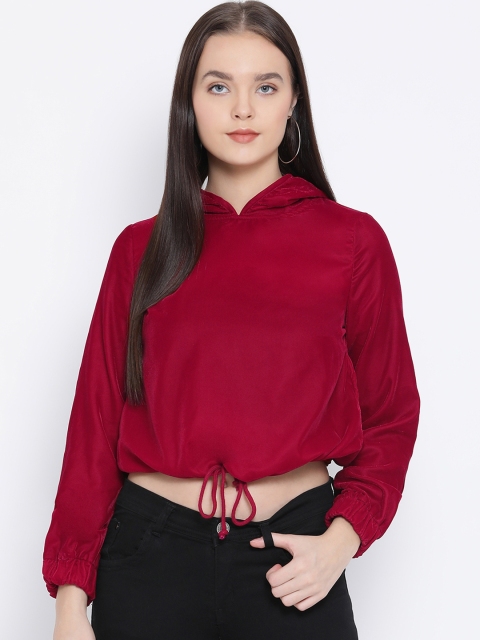 

Oxolloxo Women Maroon Solid Velvet Crop Jacket