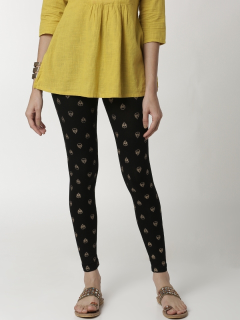 

De Moza Women Black & Gold-Toned Printed Ankle-Length Skinny-Fit Leggings