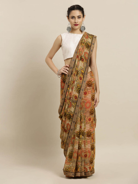 

Mitera Beige & Orange Poly Georgette Printed Saree