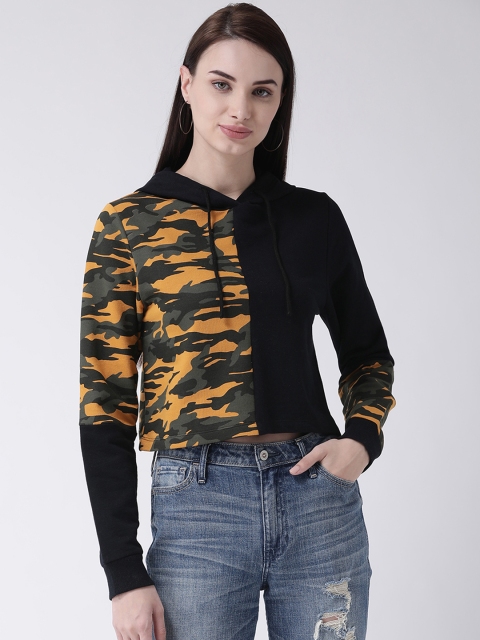 

Leo Sansini Women Black & Mustard Yellow Printed Hooded Crop Pullover Sweatshirt