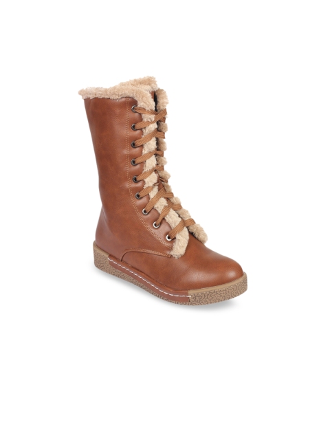 

Flat n Heels Women Brown Solid Synthetic High-Top Flat Boots