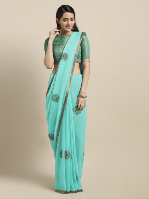 

Mitera Turquoise Blue Embroidered Poly Chiffon Saree