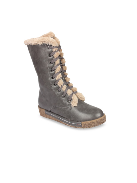 

Flat n Heels Women Grey Solid Mid-Top Flat Boots