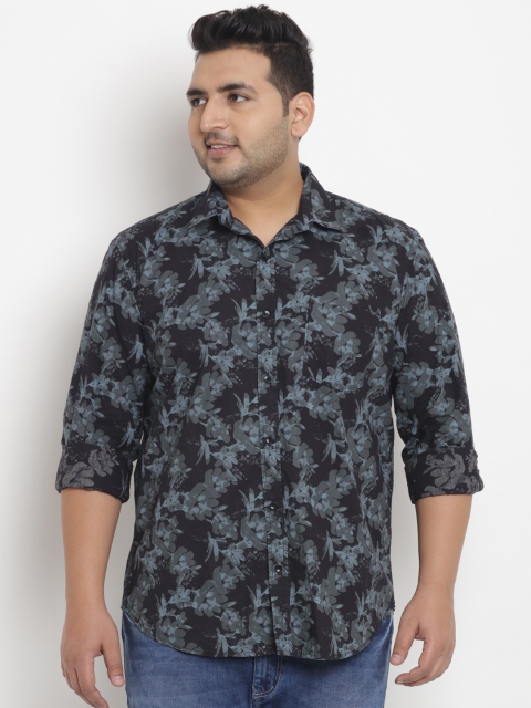 

John Pride Plus Size Men Black Grey Regular Fit Floral Printed Casual Shirt