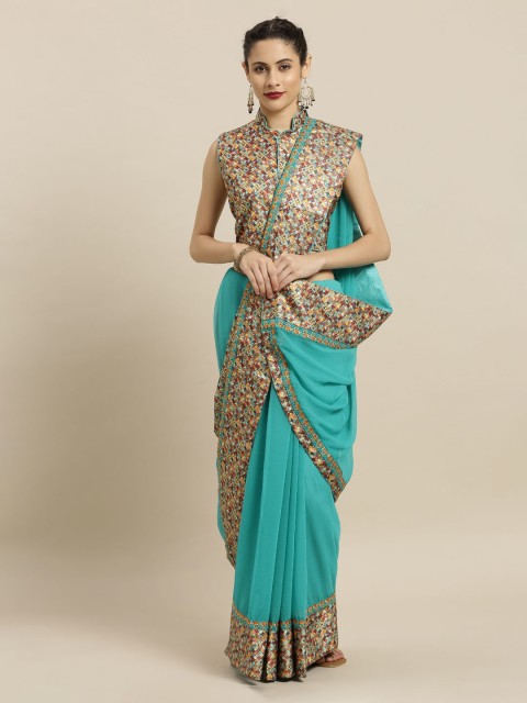 

Mitera Turquoise Blue & Beige Poly Chiffon Solid Saree