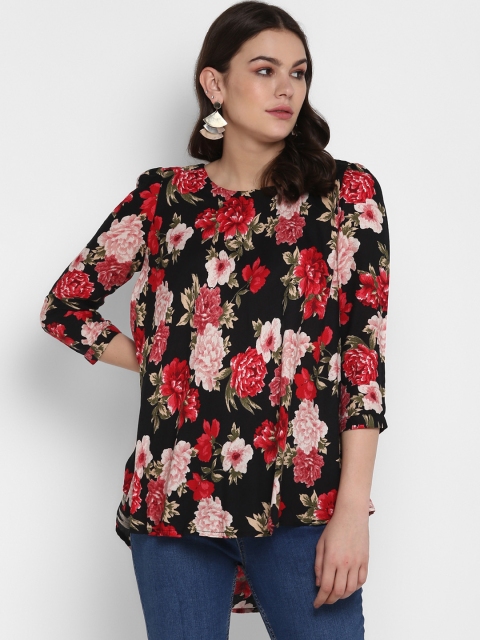 

MIAMINX Women Black Floral Print High-Low Top