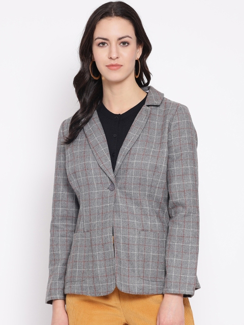 

Oxolloxo Women Grey & White Checked Single-Breasted Pure Wool Blazer