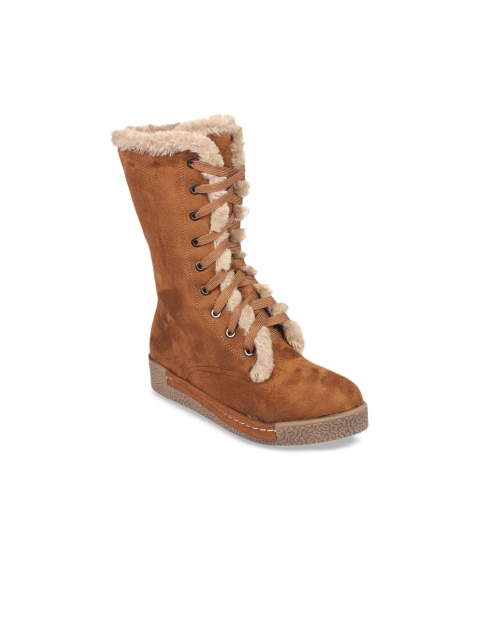 

Flat n Heels Women Tan Brown Solid Suede High-Top Flat Boots