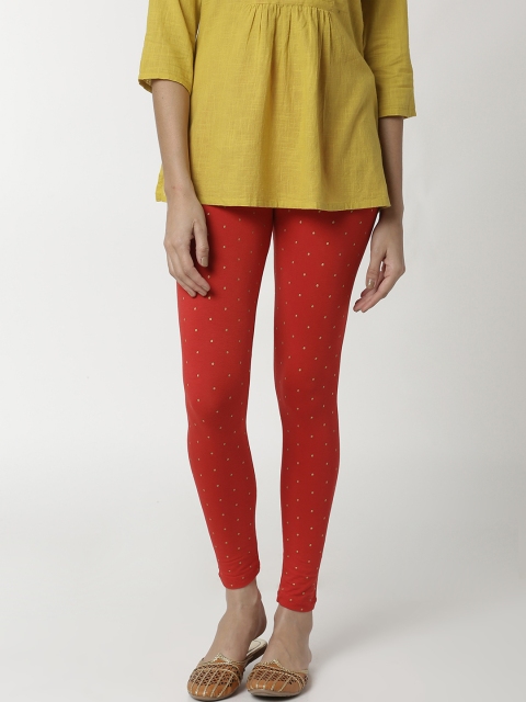 

De Moza Women Red & Gold-Toned Polka-Dot Printed Ankle-Length Skinny-Fit Leggings