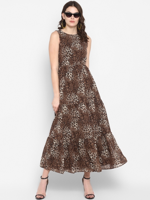 

The Vanca Women Brown Animal Print Tiered Fit and Flare Dress