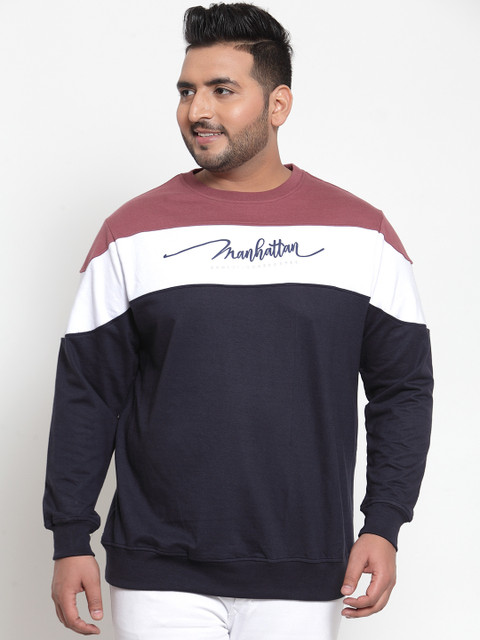 

plusS Men Navy Blue & Pink Colourblocked Sweatshirt