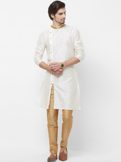 

irin Men Cream-Coloured & Gold-Coloured Solid Kurta with Churidar