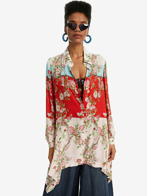 

Desigual Women Red & Pink Slim Fit Printed Longline Casual Shirt