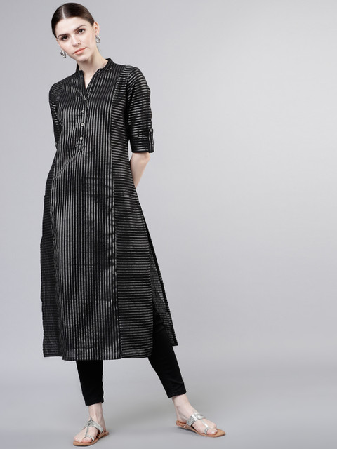 

Vishudh Women Black & Silver-Toned Striped Straight Kurta