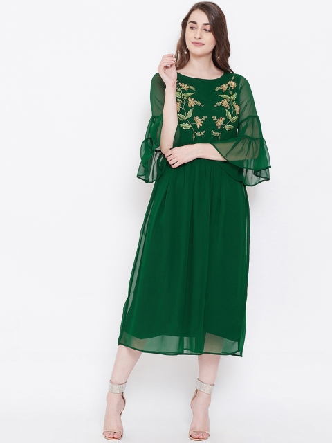

Bitterlime Women Floral Embroidered Green Fit and Flare Dress