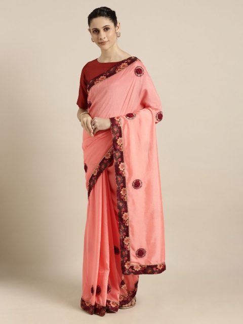 

Mitera Peach-Coloured & Burgundy Poly Silk Embroidered Saree
