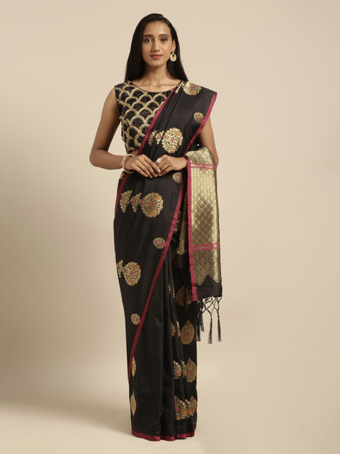 

Mitera Black & Gold-Coloured Silk Blend Woven Design Kanjeevaram Saree