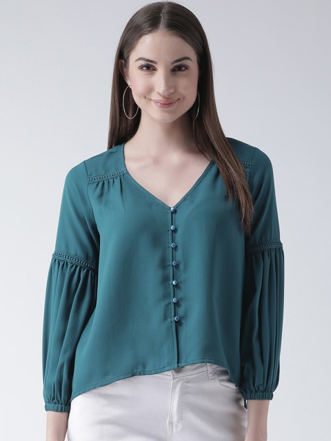 

Texco Women Teal Blue Solid High-Low Top